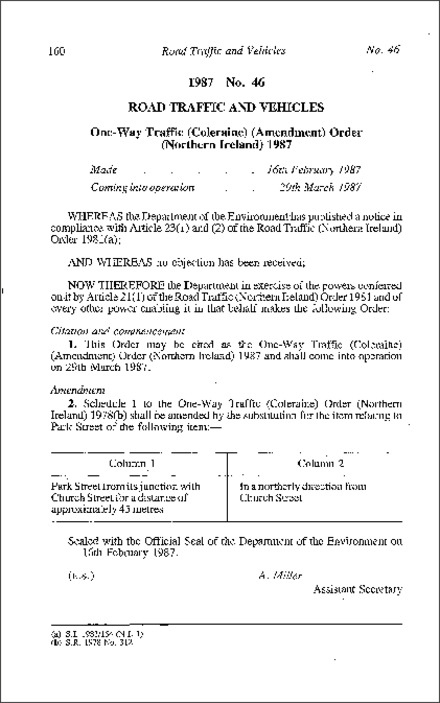 The One-Way Traffic (Coleraine) (Amendment) Order (Northern Ireland) 1987