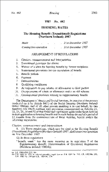The Housing Benefit (Transitional) Regulations (Northern Ireland) 1987