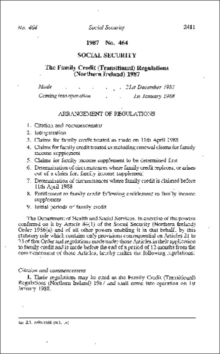 The Family Credit (Transitional) Regulations (Northern Ireland) 1987