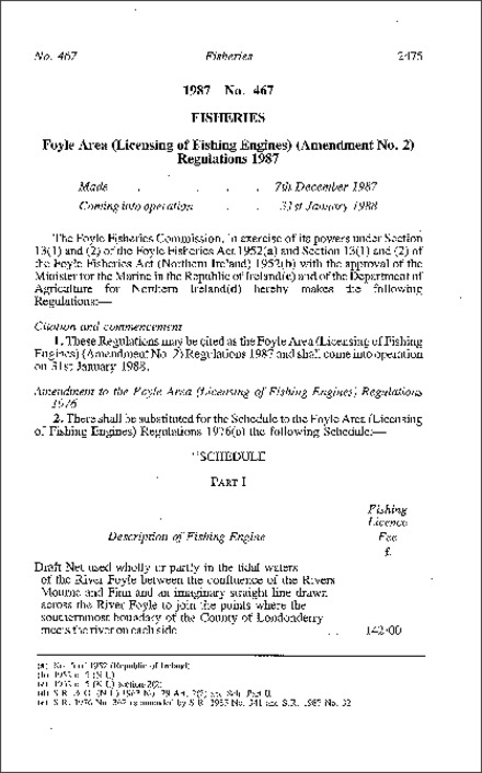 The Foyle Area (Licensing of Fishing Engines) (Amendment No. 2) Regulations (Northern Ireland) 1987