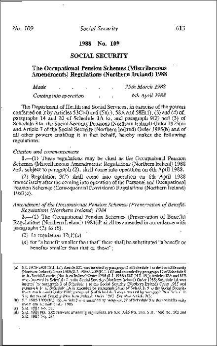 The Occupational Pension Schemes (Miscellaneous Amendment) Regulations (Northern Ireland) 1988