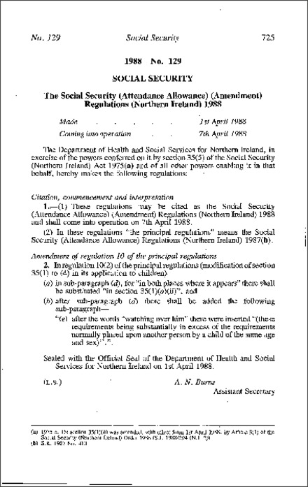 The Social Security (Attendance Allowance) (Amendment) Regulations (Northern Ireland) 1988