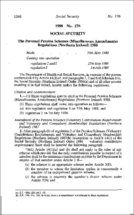 The Personal Pension Schemes (Miscellaneous Amendment) Regulations (Northern Ireland) 1988