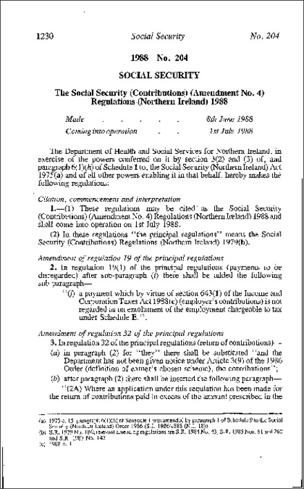 The Social Security (Contributions) (Amendment No. 4) Regulations (Northern Ireland) 1988