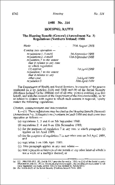 The Housing Benefit (General) (Amendment No. 3) Regulations (Northern Ireland) 1988