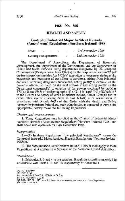 The Control of Industrial Major Accident Hazards (Amendment) Regulations (Northern Ireland) 1988
