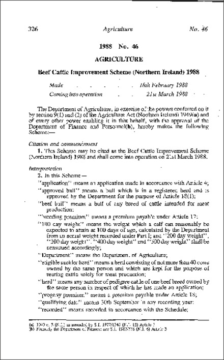 The Beef Cattle Improvement Scheme (Northern Ireland) 1988
