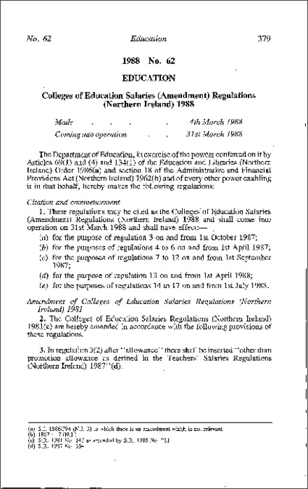 The Colleges of Education Salaries (Amendment) Regulations (Northern Ireland) 1988