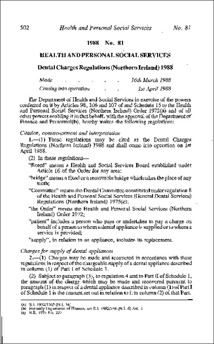 The Dental Charges Regulations (Northern Ireland) 1988