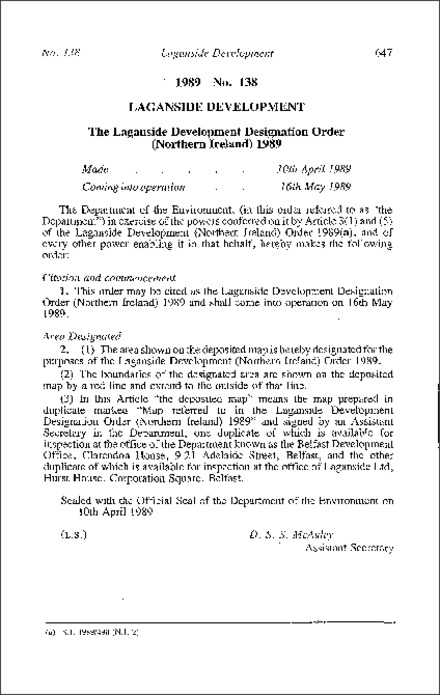 The Laganside Development Designation Order (Northern Ireland) 1989