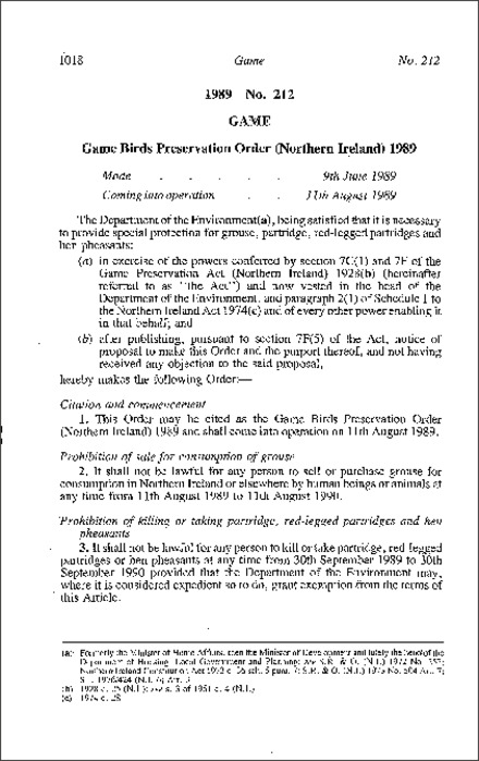 The Game Birds Preservation Order (Northern Ireland) 1989