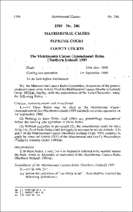 The Matrimonial Causes (Amendment) Rules (Northern Ireland) 1989