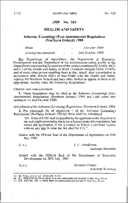 The Asbestos (Licensing) (Fees Amendment) Regulations (Northern Ireland) 1989