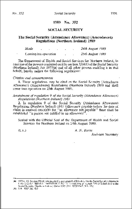 The Social Security (Attendance Allowance) (Amendment) Regulations (Northern Ireland) 1989