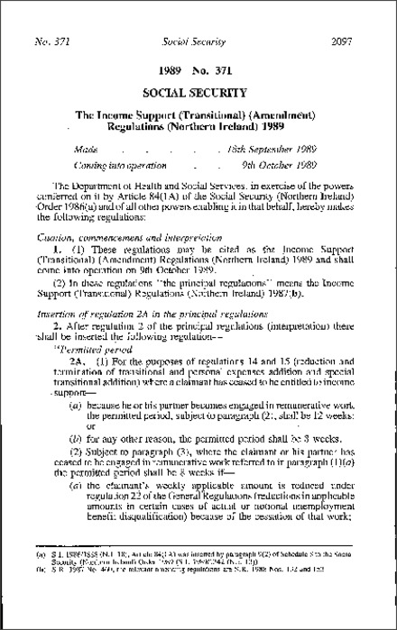 The Income Support (Transitional) (Amendment) Regulations (Northern Ireland) 1989