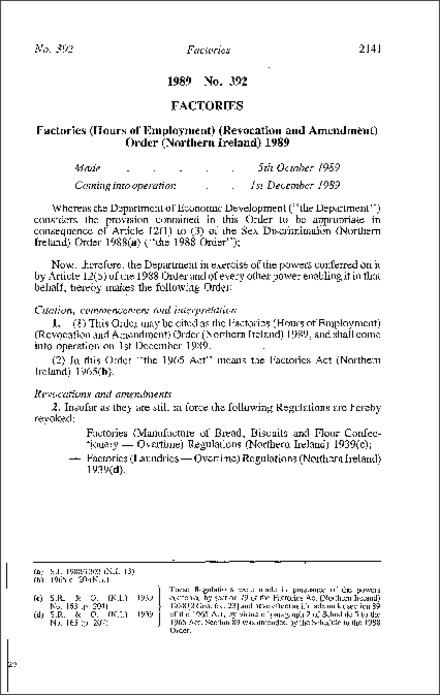 The Factories (Hours of Employment) (Revocation and Amendment) Order (Northern Ireland) 1989