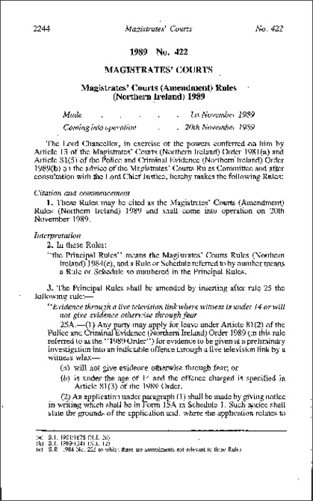 The Magistrates' Court (Amendment) Rules (Northern Ireland) 1989