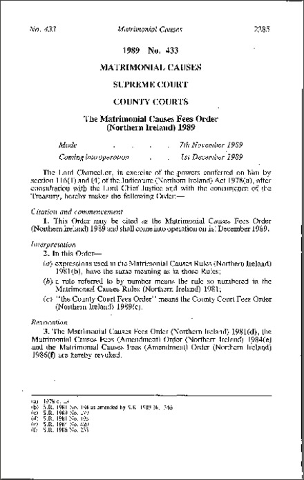 The Matrimonial Causes Fees Order (Northern Ireland) 1989