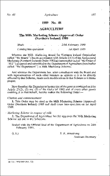 The Milk Marketing Scheme (Approval) Order (Northern Ireland) 1989