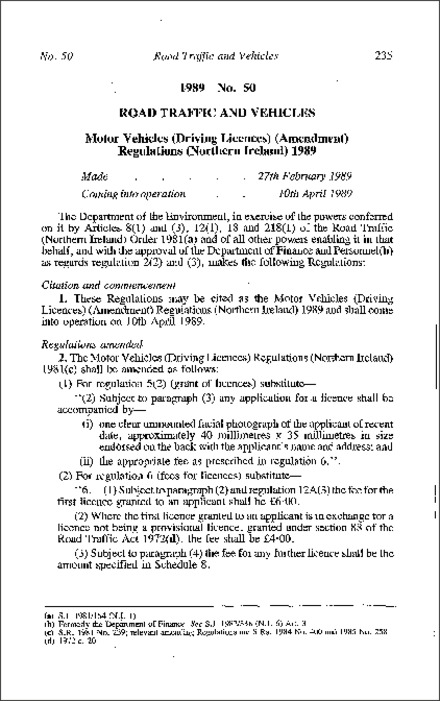 The Motor Vehicles (Driving Licenses) (Amendment) Regulations (Northern Ireland) 1989