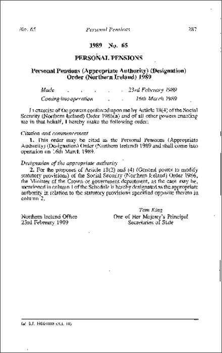 The Personal Pensions (Appropriate Authority) (Designation) Order (Northern Ireland) 1989
