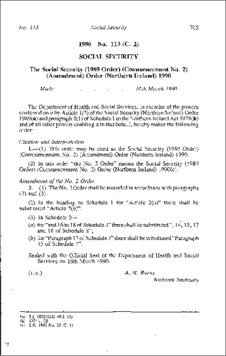 The Social Security (1989 Order) (Commencement No. 2) (Amendment) Order (Northern Ireland) 1990