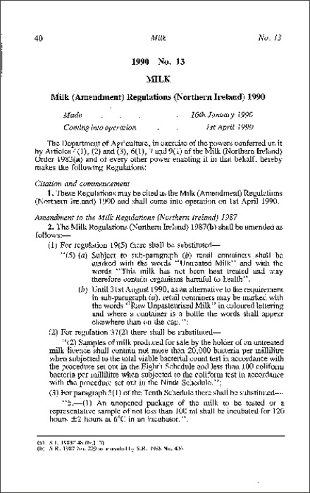 The Milk (Amendment) Regulations (Northern Ireland) 1990