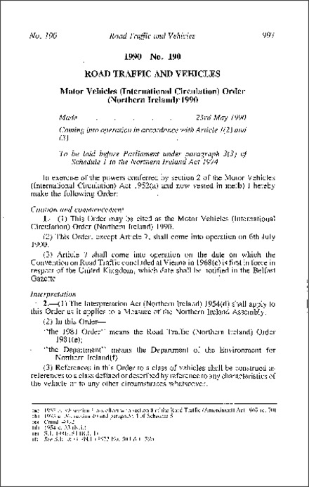 The Motor Vehicles (International Circulation) Order (Northern Ireland) 1990
