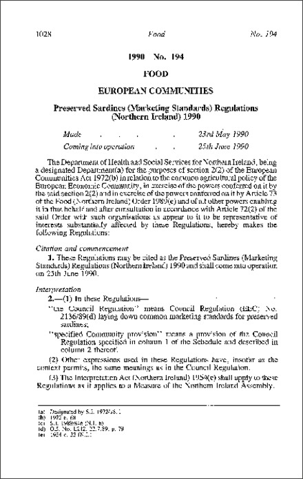 The Preserved Sardines (Marketing Standards) Regulations (Northern Ireland) 1990