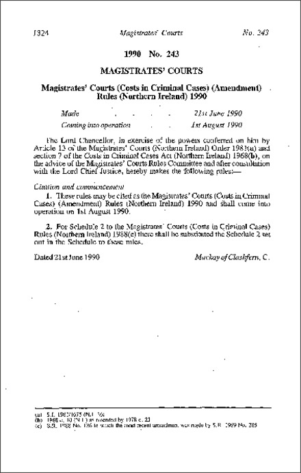 The Magistrates' Courts (Costs in Criminal Cases) (Amendment) Rules (Northern Ireland) 1990