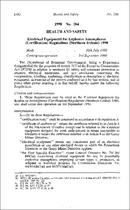 The Electrical Equipment for Explosive Atmospheres (Certification) Regulations (Northern Ireland) 1990