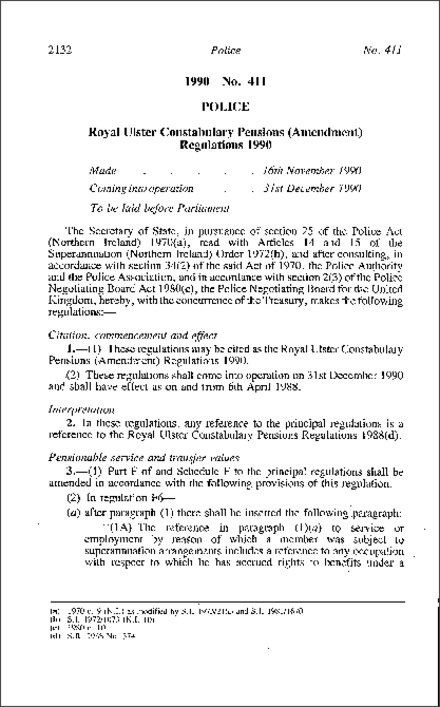 The Royal Ulster Constabulary Pensions (Amendment) Regulations (Northern Ireland) 1990