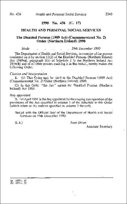The Disabled Persons (1989 Act) (Commencement No. 2) Order (Northern Ireland) 1990