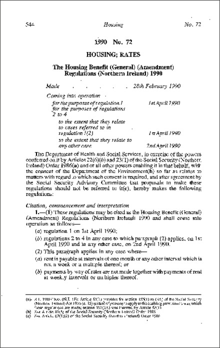 The Housing Benefit (General) (Amendment) Regulations (Northern Ireland) 1990