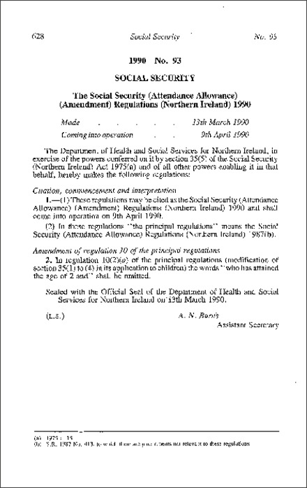 The Social Security (Attendance Allowance) (Amendment) Regulations (Northern Ireland) 1990