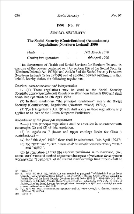 The Social Security (Contributions) (Amendment) Regulations (Northern Ireland) 1990