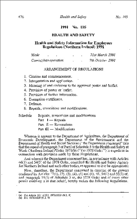 The Health and Safety Information for Employees Regulations (Northern Ireland) 1991