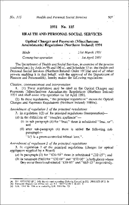 The Optical Charges and Payments (Miscellaneous Amendment) Regulations (Northern Ireland) 1991