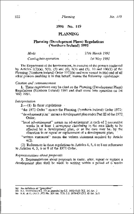 The Planning (Development Plans) Regulations (Northern Ireland) 1991