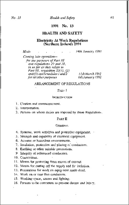 The Electricity At Work Regulations (Northern Ireland) 1991