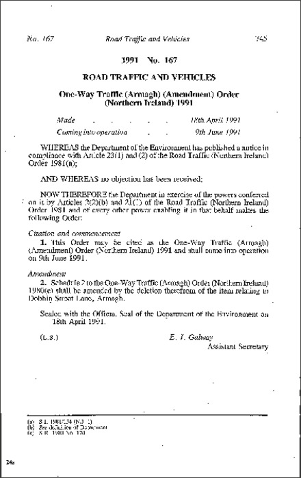 The One-Way Traffic (Armagh) (Amendment) Order (Northern Ireland) 1991