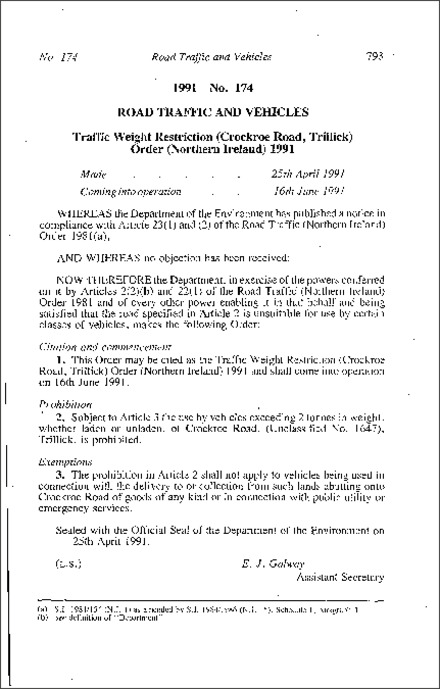 The Traffic Weight Restriction (Crockroe Road, Trillick) Order (Northern Ireland) 1991