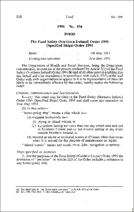 The Food Safety (Northern Ireland) Order 1991 (Specified Ships) Order (Northern Ireland) 1991