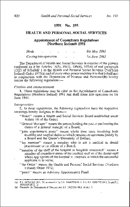 The Appointment of Consultants Regulations (Northern Ireland) 1991