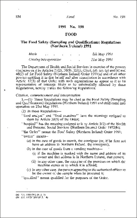 The Food Safety (Sampling and Qualifications) Regulations (Northern Ireland) 1991