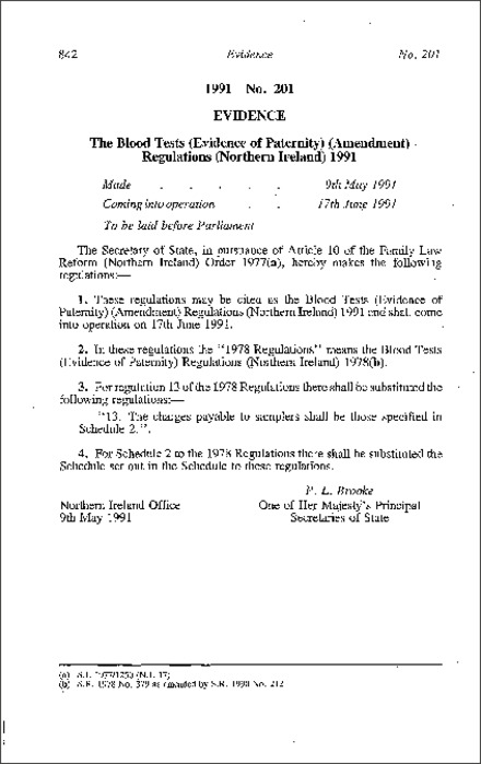 The Blood Tests (Evidence of Paternity) (Amendment) Regulations (Northern Ireland) 1991