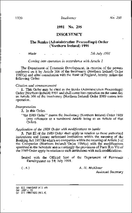 The Banks (Administration Proceedings) Order (Northern Ireland) 1991