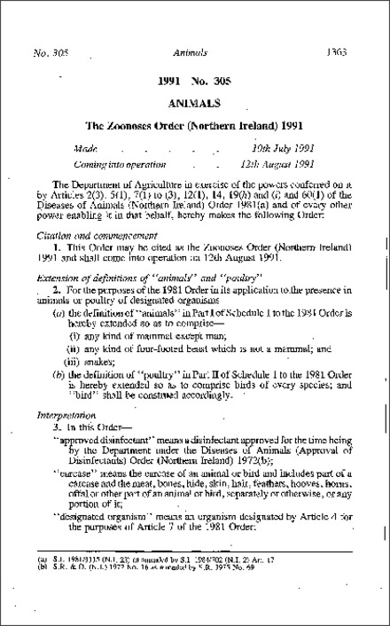The Zoonoses Order (Northern Ireland) 1991