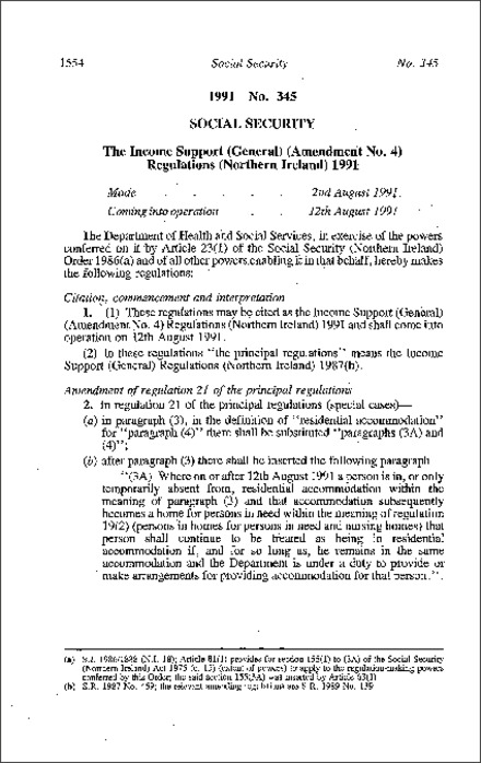 The Income Support (General) (Amendment No. 4) Regulations (Northern Ireland) 1991