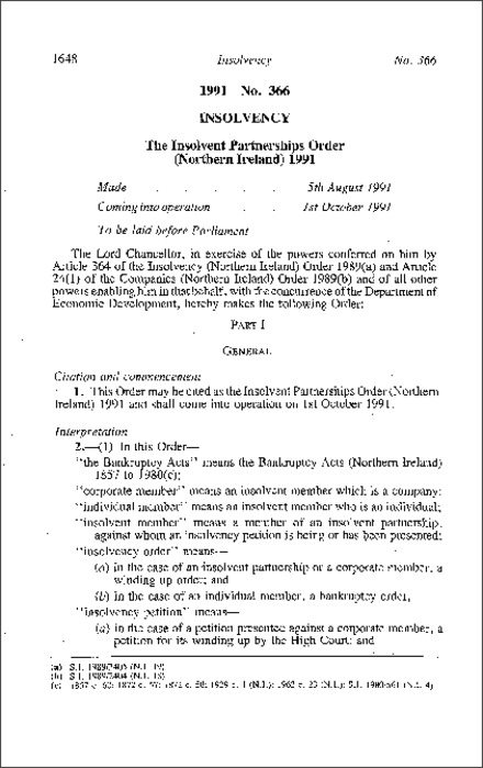 The Insolvent Partnerships Order (Northern Ireland) 1991